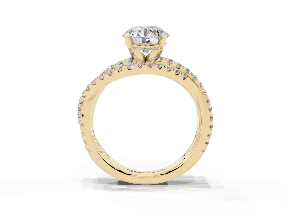 Round Cut Solitaire Twist Band with Pavé Setting and Four-Prong Setting Yellow gold