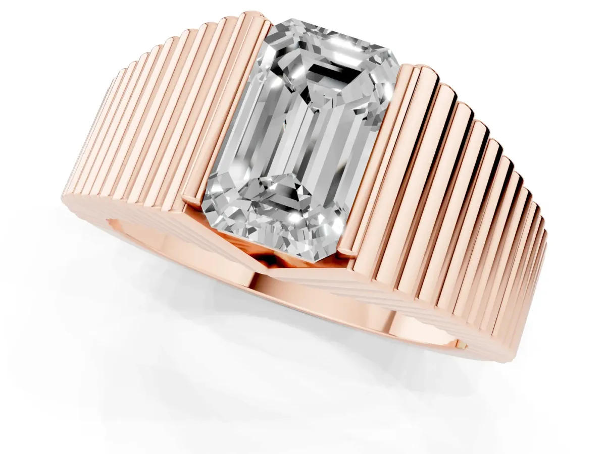 Emerald Cut Diamond Fluted Mens Ring Rose gold