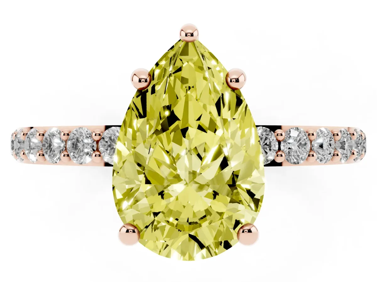 Fancy Yellow Pear Cut Diamond Solitaire Ring with Round Pavé Band and Prong Setting Rose gold