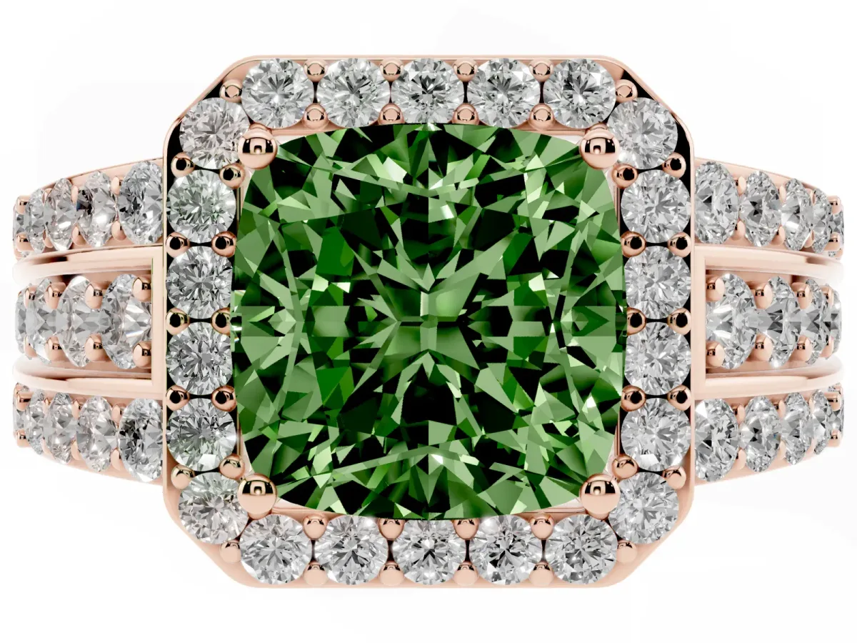 Fancy Green Cushion Cut Halo Diamond Ring with Round Split Shank and Prong Setting Rose gold