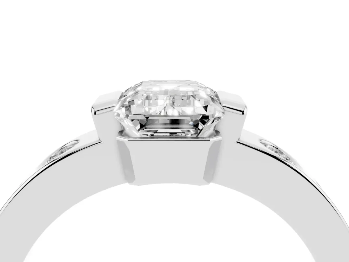 Emerald Cut Brilliant Channel-Set Diamond Ring with Bezel Prong Setting Silver