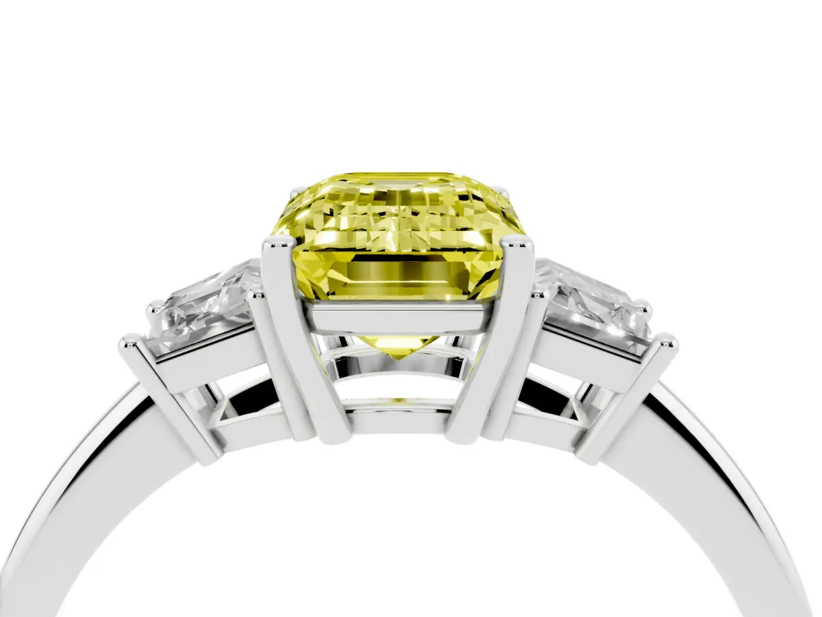 Fancy Yellow Emerald Cut Diamond Three-Stone Ring with Trapezoid Side Stones and Prong Setting Silver