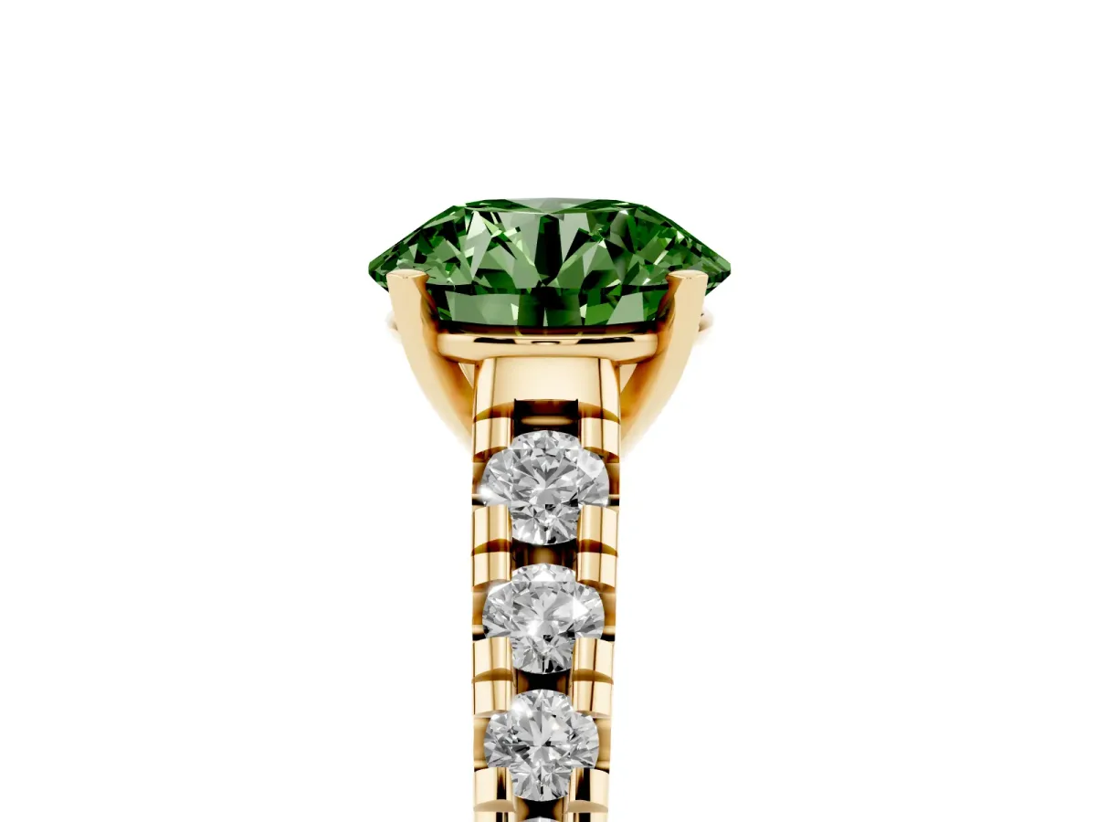 Fancy Green Round Cut Diamond Cathedral Solitaire Ring with Round Pavé Band Yellow gold