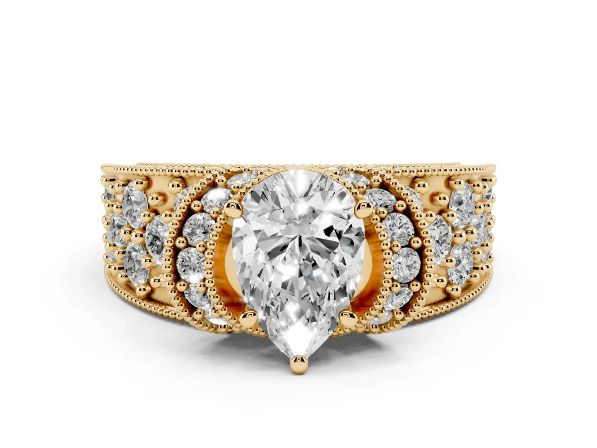 Pear Cut Halo Pave Diamond Engagement Ring with Milgrain Detailing Yellow gold
