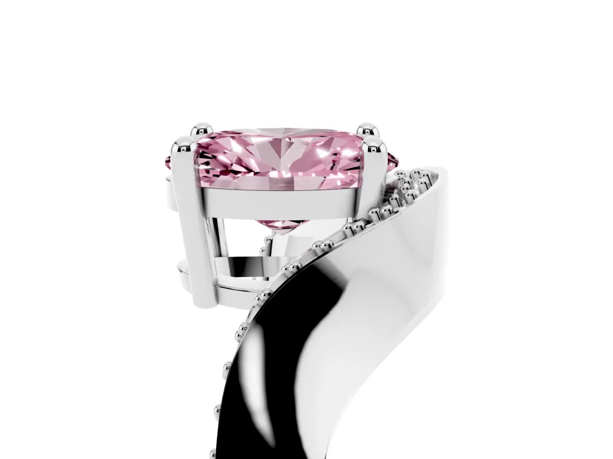 Fancy Pink Oval Cut Solitaire Diamond Engagement Ring with Pave Band and Four-Prong Setting Silver