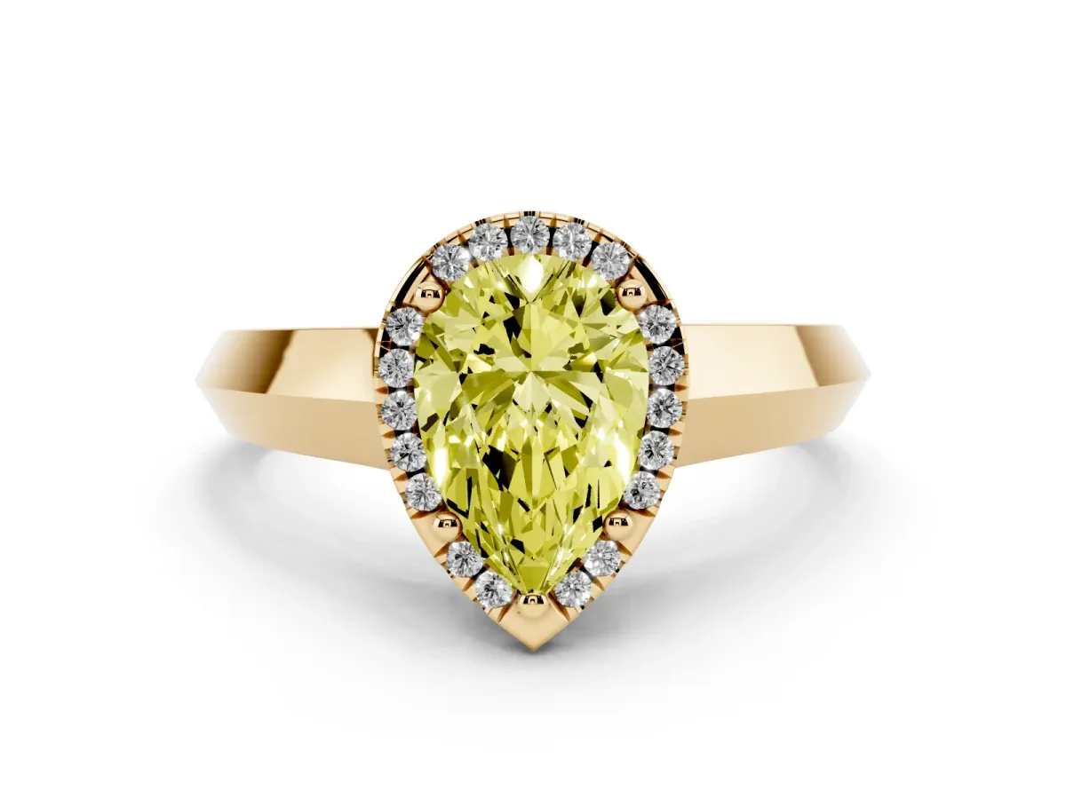 Fancy Yellow Pear Cut Halo Diamond Ring with Cathedral Band and Four-Prong Setting Yellow gold