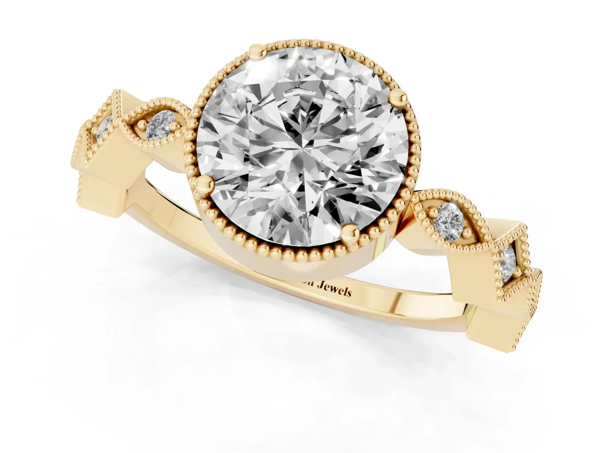 Round Cut Milgrain Marquise Diamond Twist Band Ring Yellow gold