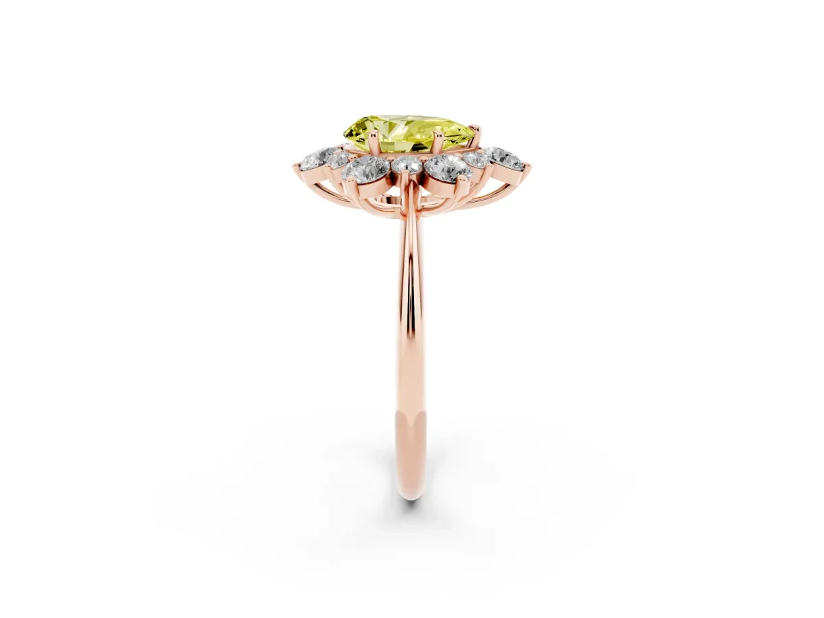 Fancy Yellow Pear Cut Diamond Cluster Halo Ring with Solitaire Band and Four-Prong Setting Rose gold