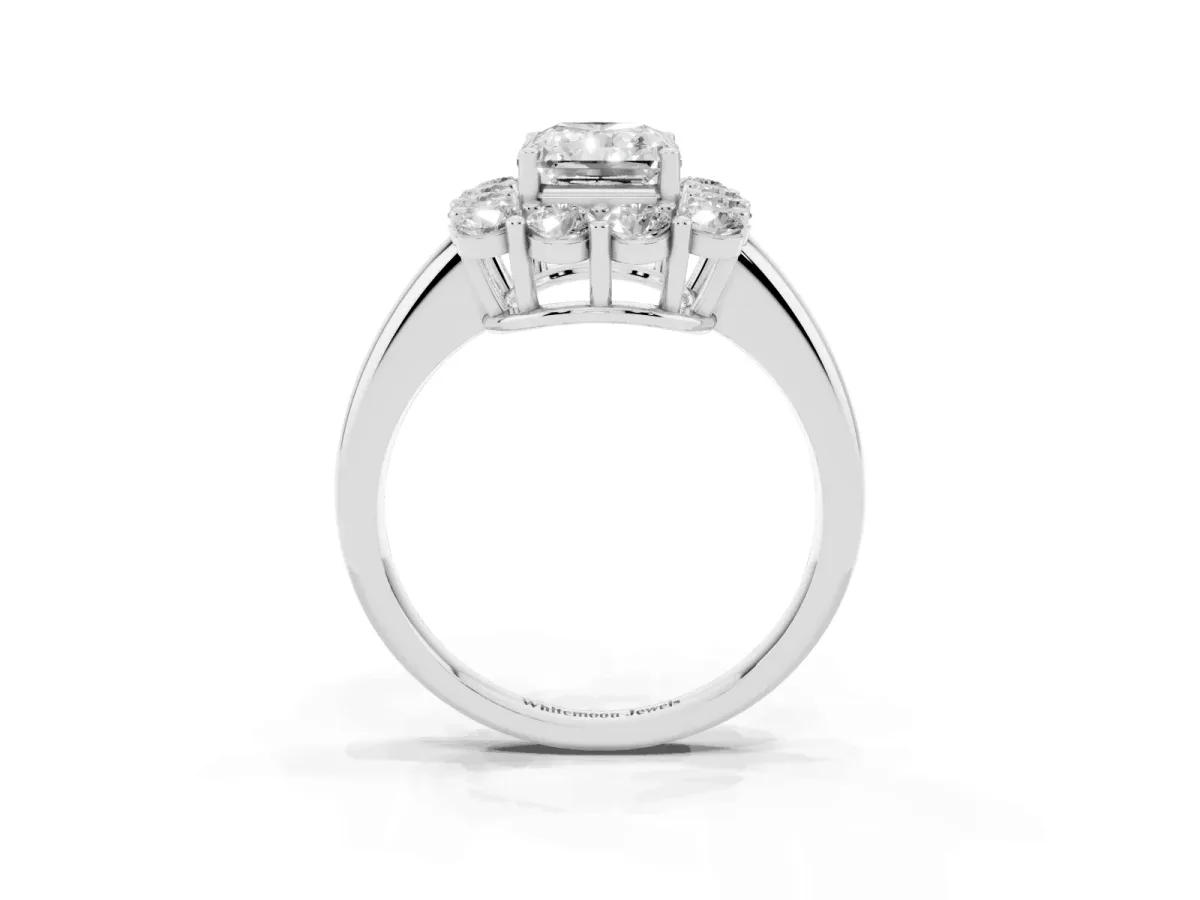 Radiant Cut Halo Cluster Diamond Engagement Ring with Prong Setting and Polished Band White gold