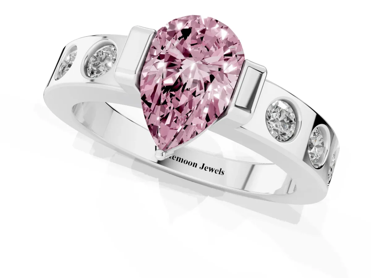 Fancy Pink Pear Cut Brilliant Channel-Set Diamond Ring with Bezel Prong Setting Silver
