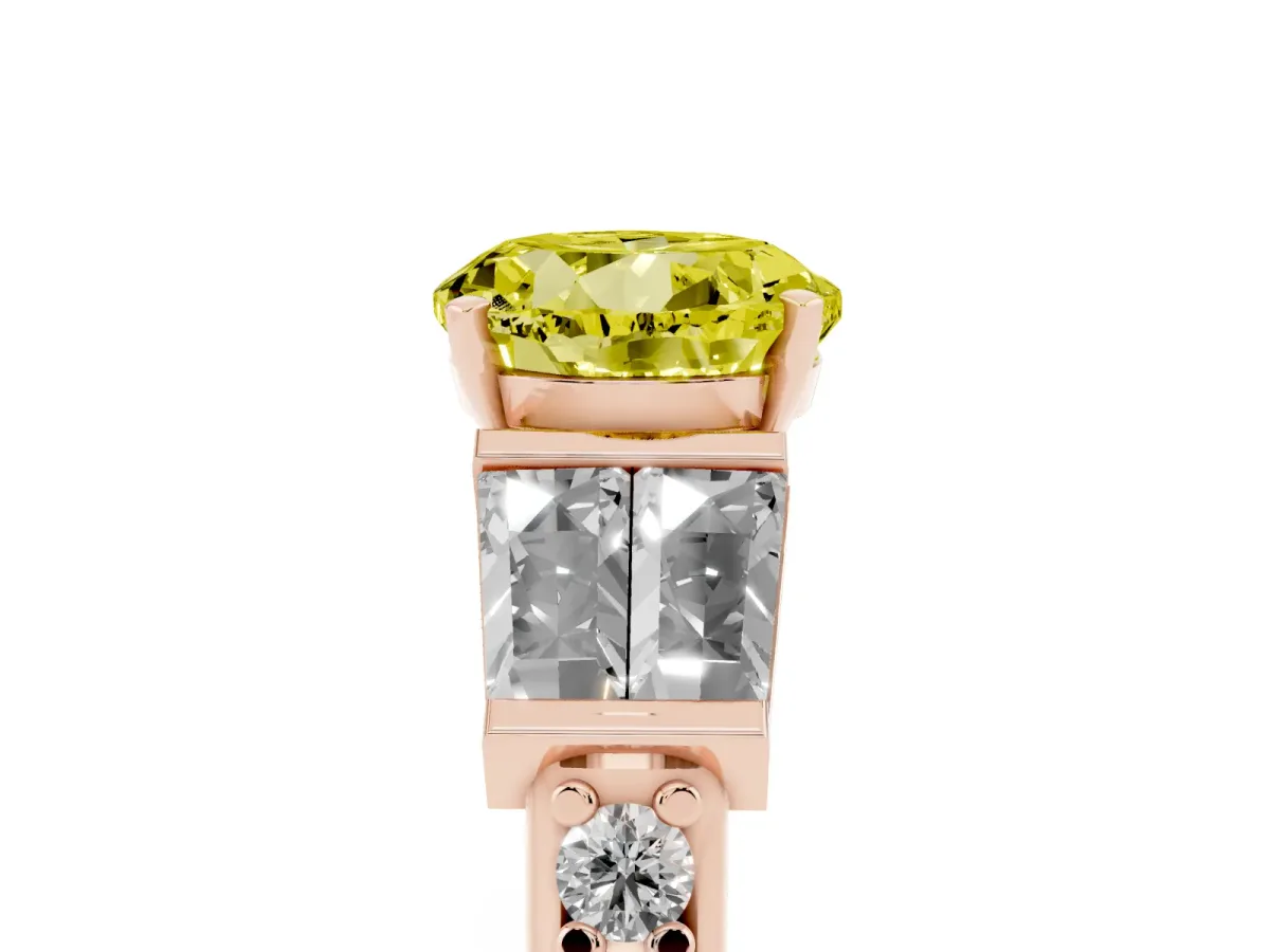 Fancy Yellow Round Cut Diamond Engagement Ring with Baguette Side Stones and Channel Set Band Rose gold