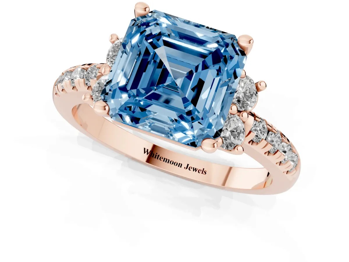 Fancy Blue Asscher Cut Diamond Three-Stone Pave Band with Four-Prong Setting Rose gold