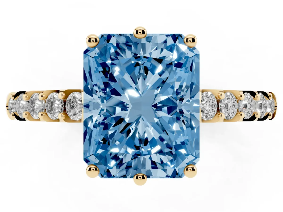 Fancy Blue Radiant Cut Solitaire Diamond Engagement Ring with Pavé Band and Six-Prong Setting Yellow gold