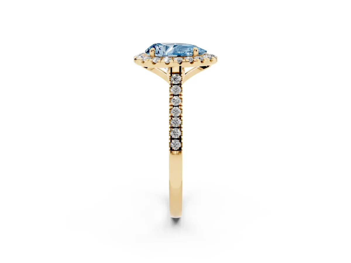 Fancy Blue Pear Cut Diamond Cushion Halo Ring with Pavé Band Yellow gold