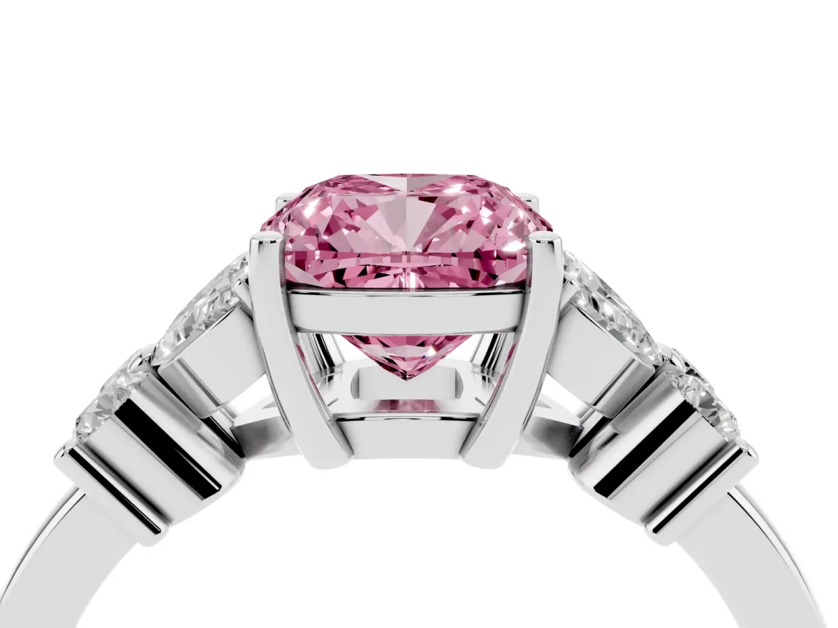 Fancy Pink Cushion Cut Diamond Floral Cluster Ring with Solitaire Band and Prong Setting White gold