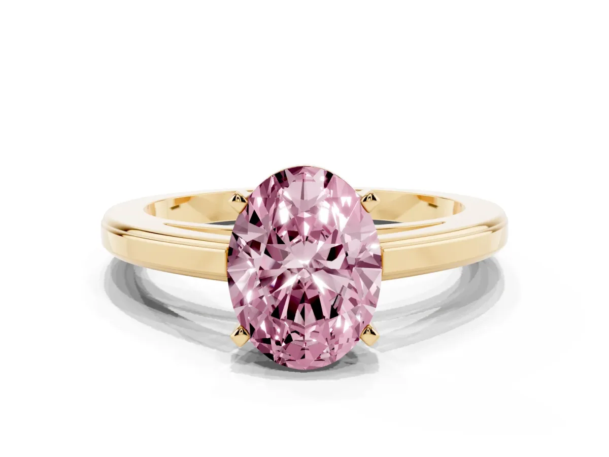 Fancy Pink Oval Cut Solitaire Diamond Ring with Four-Prong Setting and Classic Band Yellow gold