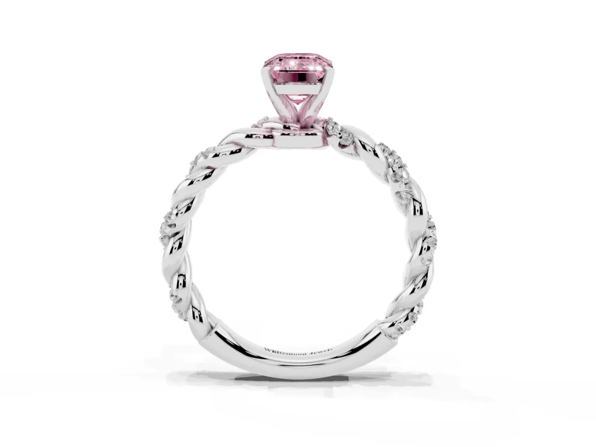 Fancy Pink Emerald Cut Diamond Solitaire Ring with Twisted Band and Pavé Accents Platinum