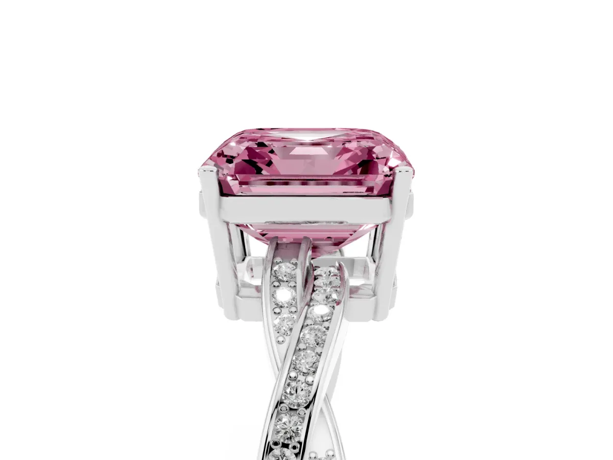 Fancy Pink Asscher Cut Solitaire Twisted Pave Diamond Ring with Four-Prong Setting Silver