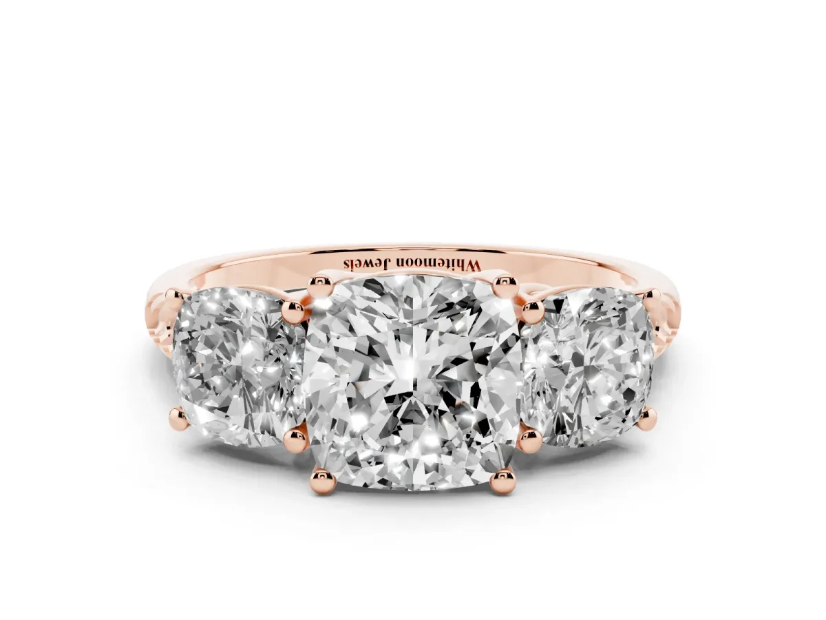 Three-Stone Cushion Cut Diamond Ring with Round Pavé Band and Prong Setting Rose gold