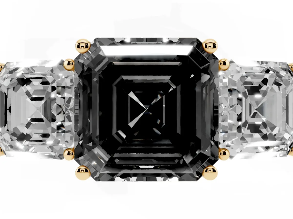 Fancy Black Three-Stone Asscher Cut Cut Diamond Engagement Ring with Flat Band and Four-Prong Setting Yellow gold