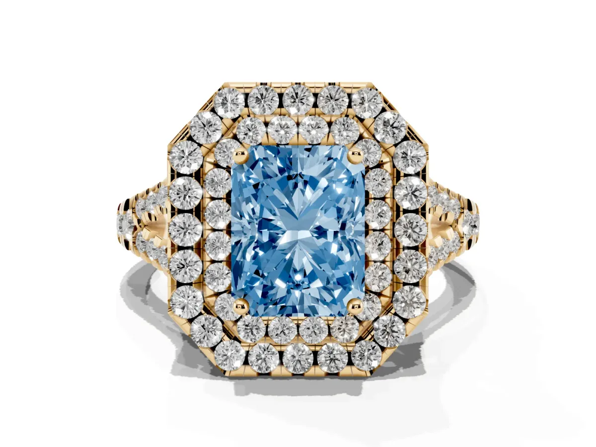 Fancy Blue Double Halo Radiant Cut Diamond Pavé Split Shank Ring with Prong Setting Yellow gold