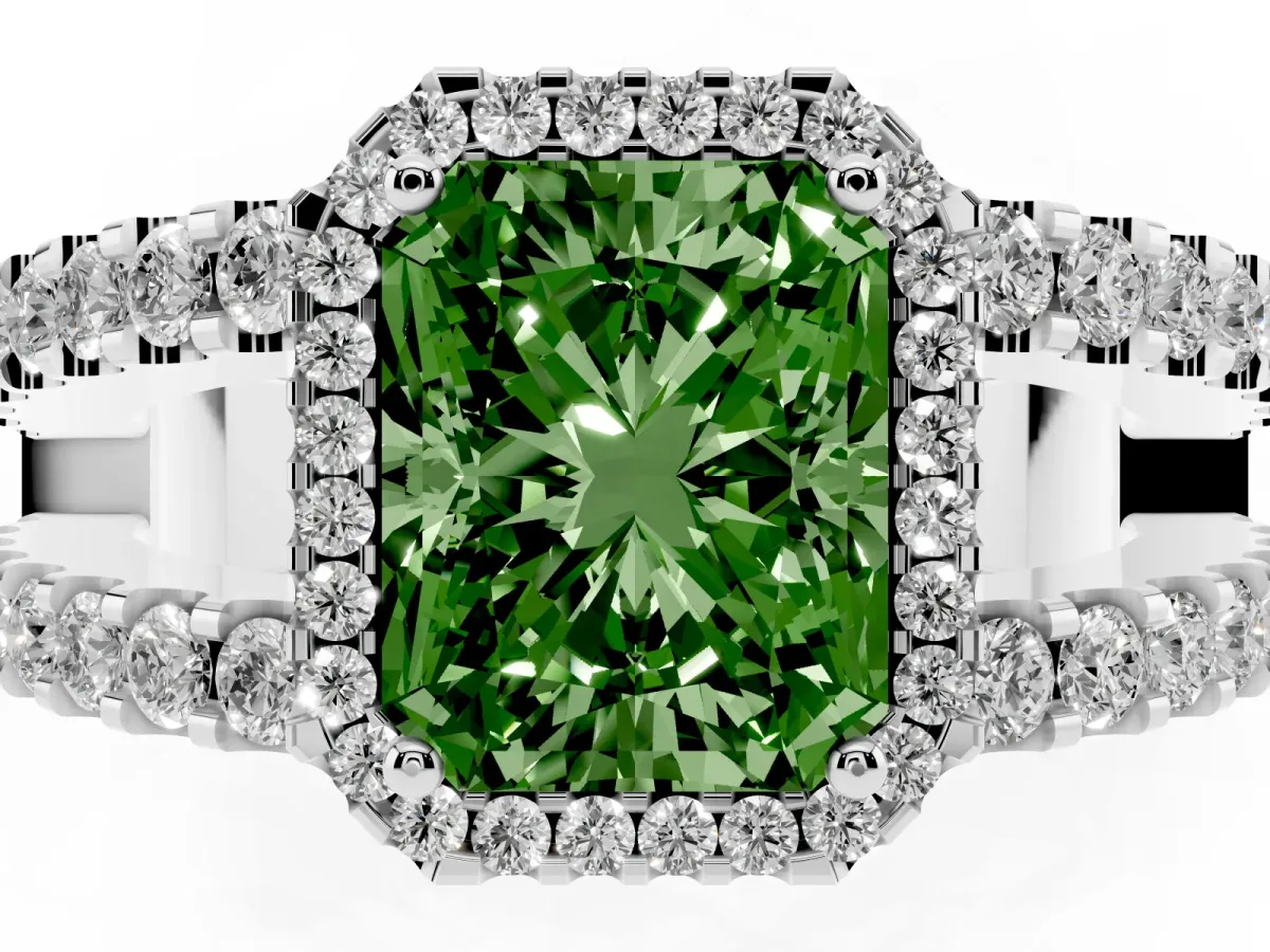 Fancy Green Radiant Cut Cut Halo Split Shank Diamond Ring with Four-Prong Setting Platinum