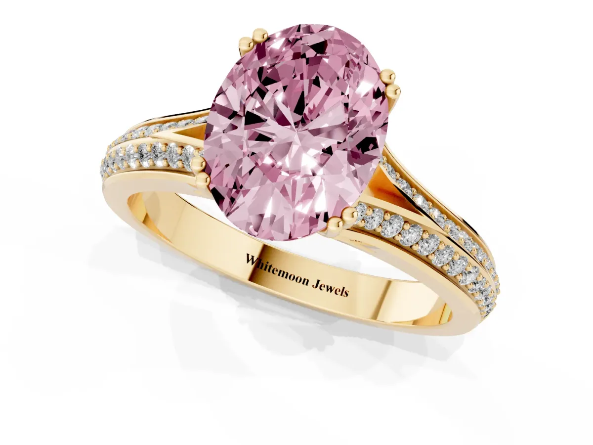 Fancy Pink Oval Cut Diamond Split Shank Engagement Ring with Pavé Band Yellow gold