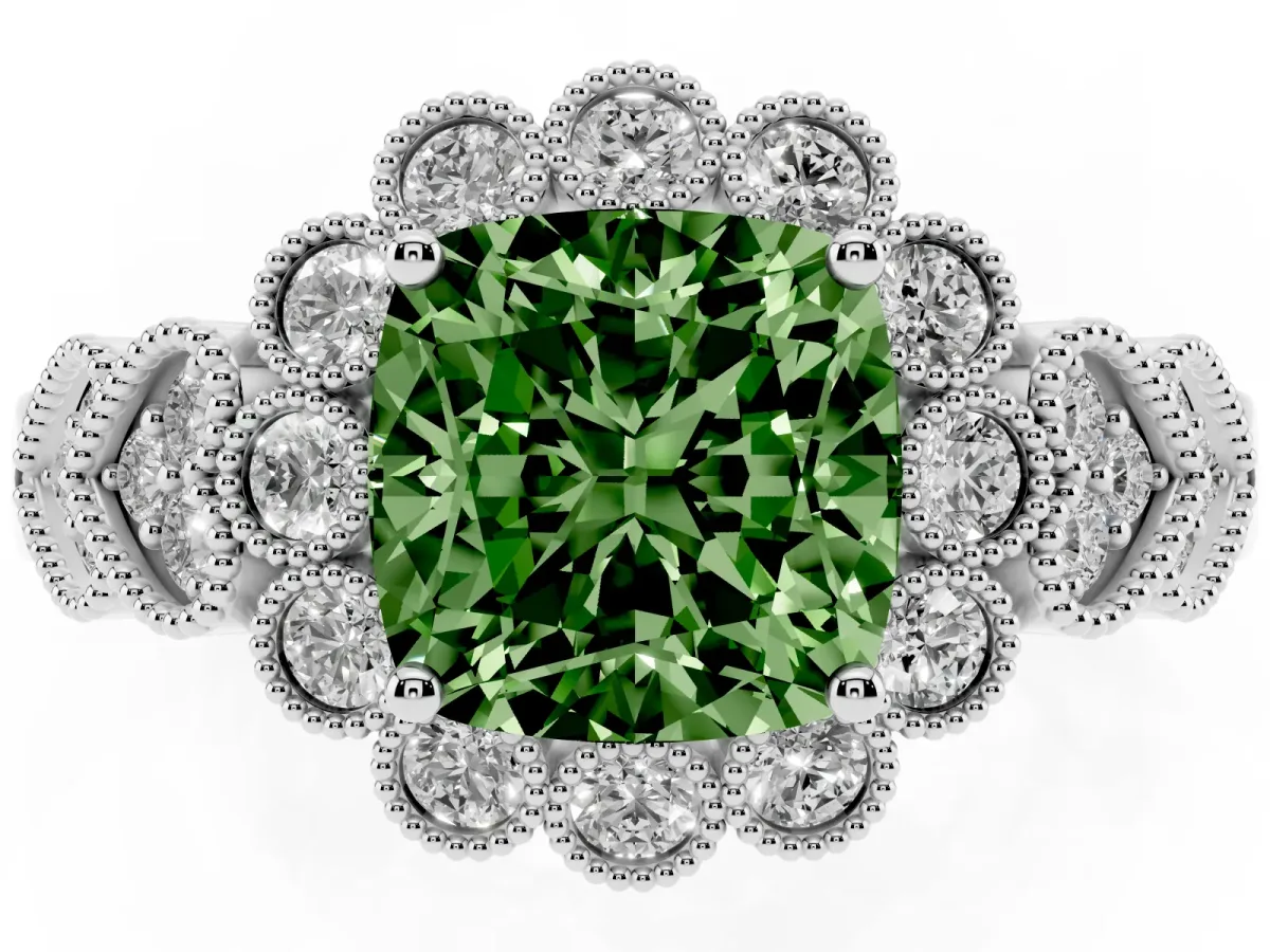 Fancy Green Cushion Cut Brilliant Milgrain Pave Heart Band Solitaire Ring Silver
