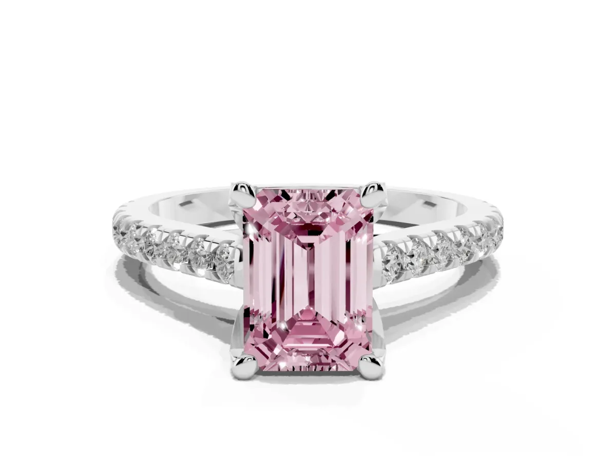Fancy Pink Emerald Cut Brilliant Diamond Solitaire with Pavé Band and Four-Prong Setting White gold