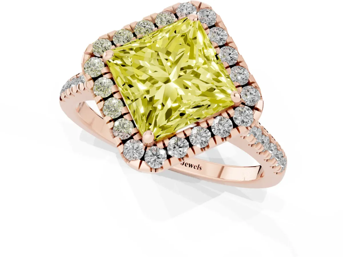 Fancy Yellow Princess Cut Diamond Cushion Halo Ring with Pavé Band Rose gold