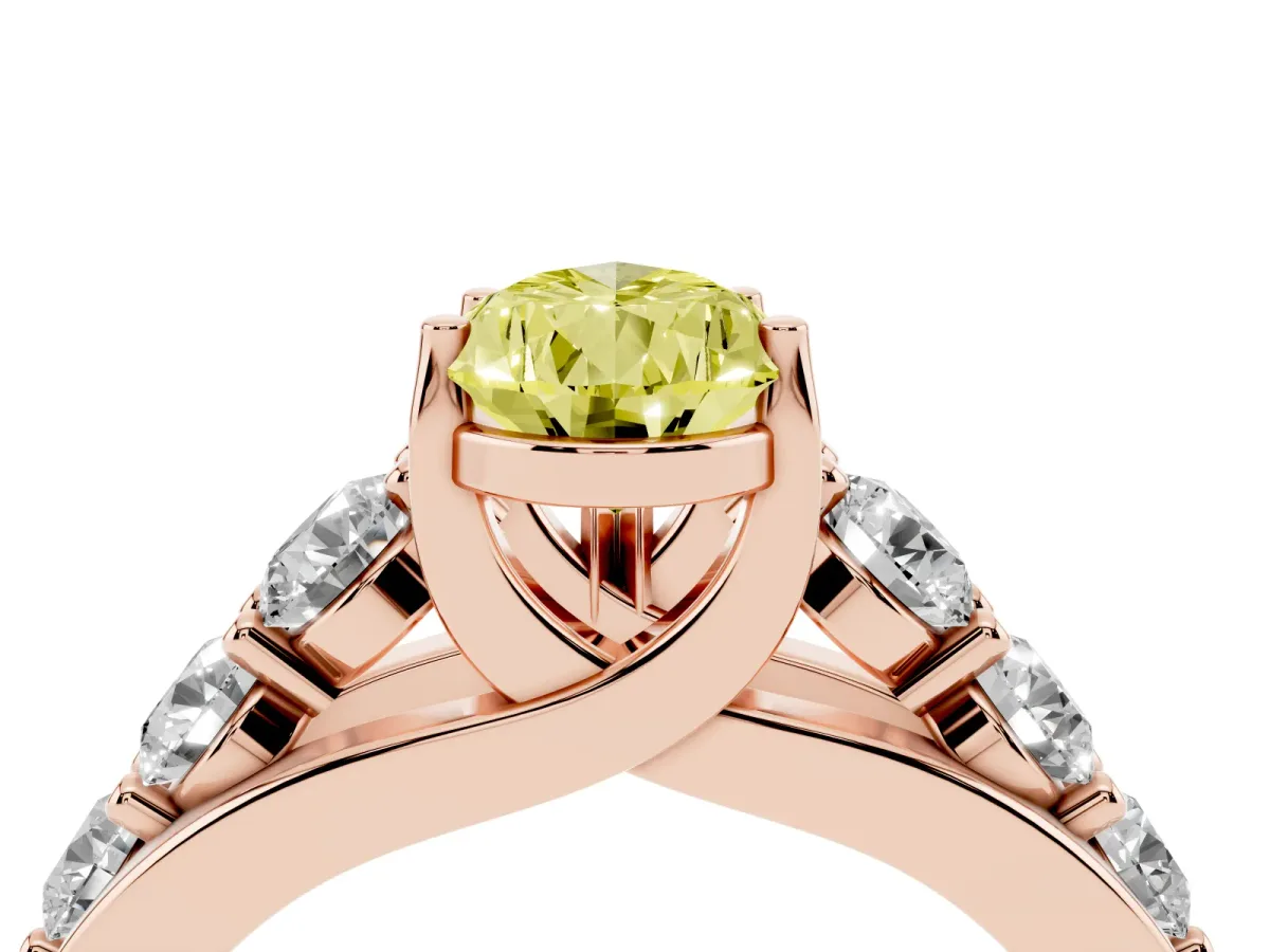 Fancy Yellow Pear Cut Diamond Engagement Ring with Pavé Band and Four-Prong Setting Rose gold