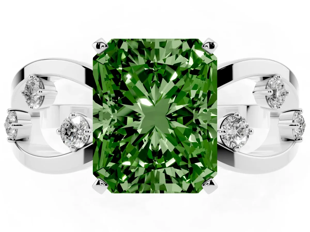 Fancy Green Radiant Cut Cut Solitaire Diamond with Side Stones on Criss-Cross Band and Four-Prong Setting Platinum