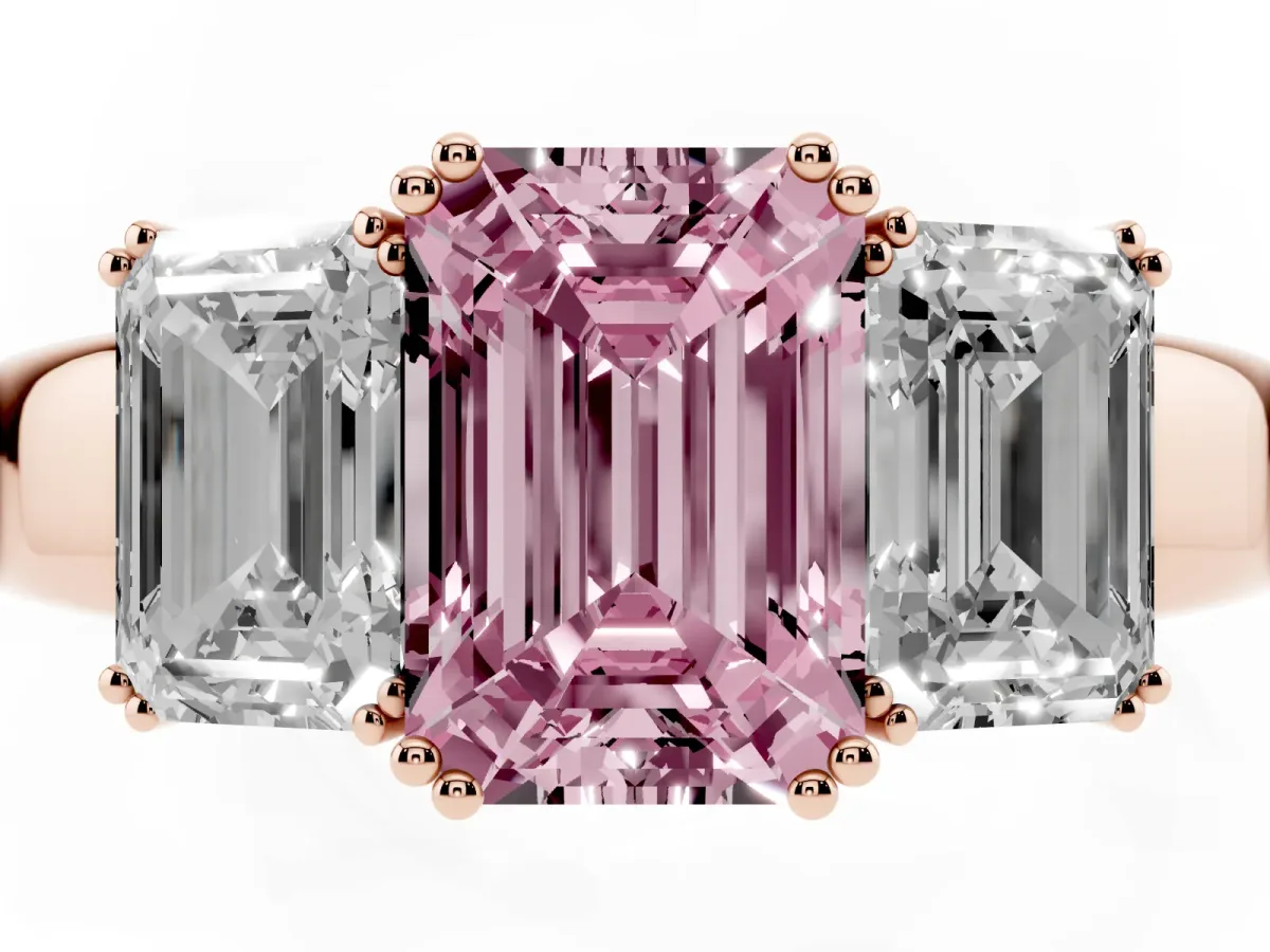 Fancy Pink Three-Stone Emerald Cut Cut Diamond Ring with Channel Set Band and Four-Prong Setting Rose gold