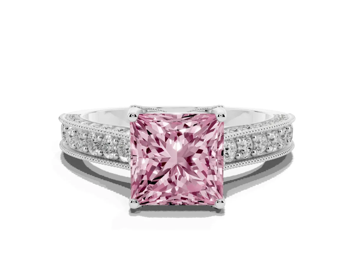 Fancy Pink Princess Cut Cut Diamond Solitaire Ring with Milgrain Pave Band and Four Prong Setting Silver