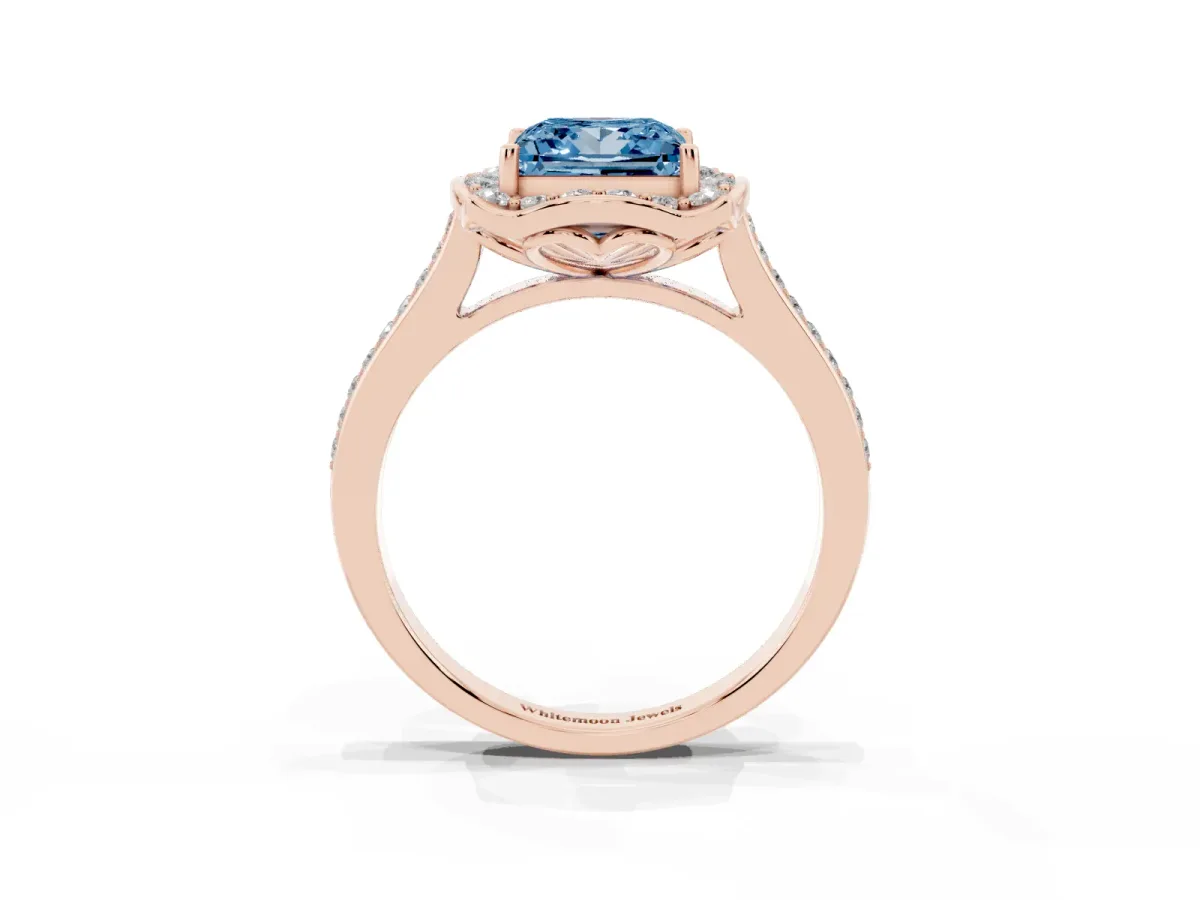 Fancy Blue Princess Cut Halo Round Diamond Pave Band with Four-Prong Setting Rose gold