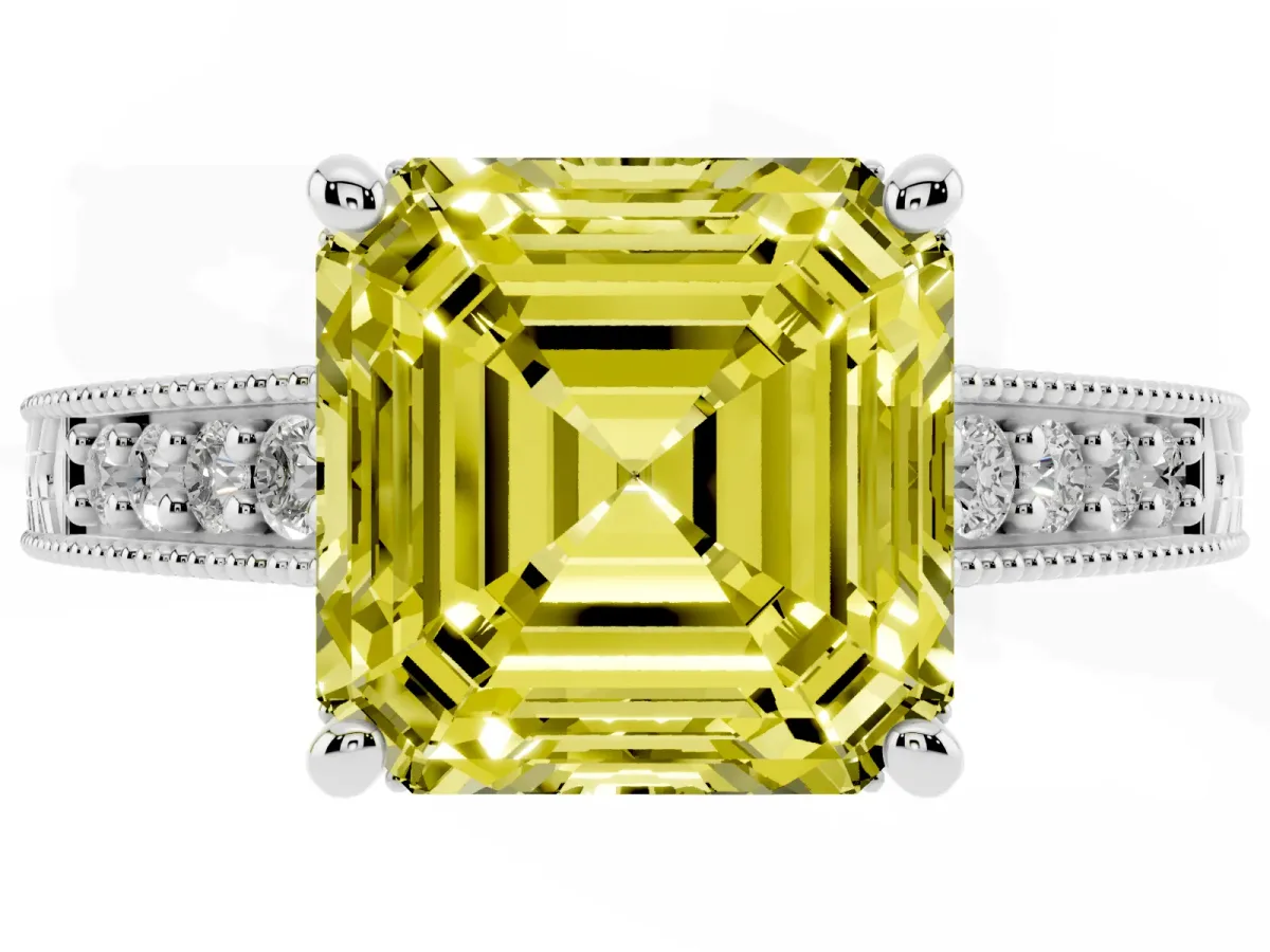 Fancy Yellow Asscher Cut Solitaire Pavé Diamond Milgrain Engagement Ring with Four-Prong Setting Silver