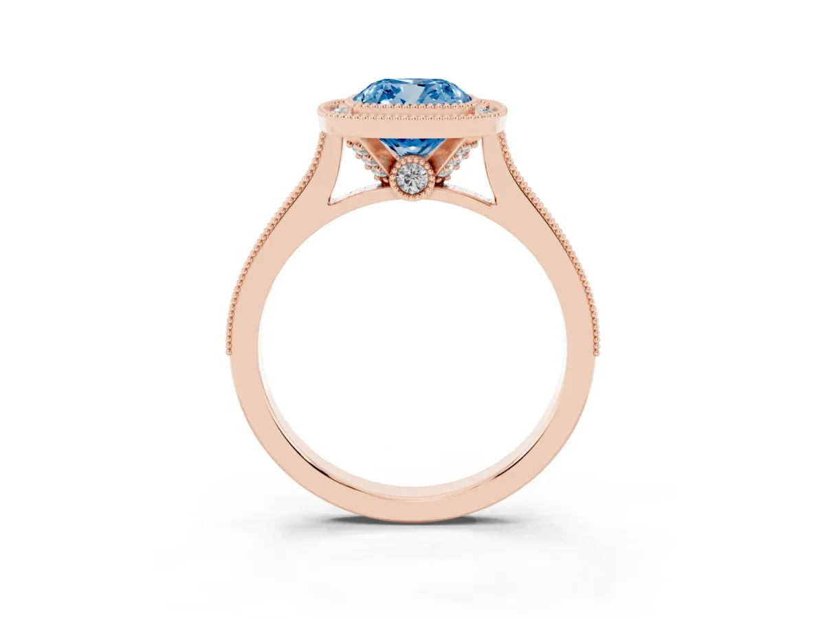Fancy Blue Halo Cushion Cut-Cut Diamond Pave Band Milgrain Prong Setting Ring Rose gold