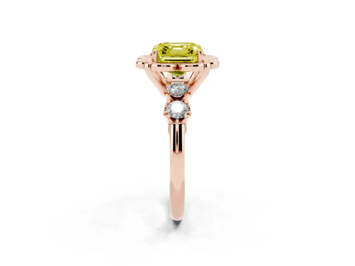 Fancy Yellow Asscher Cut Cut Diamond Floral Halo Engagement Ring with Shared Prong Setting Rose gold