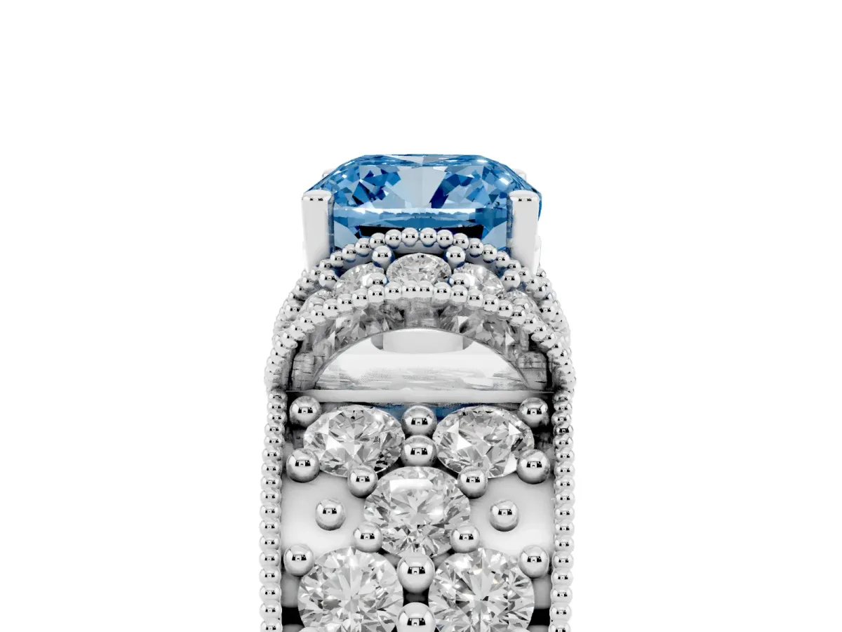 Fancy Blue Cushion Cut Halo Pave Diamond Engagement Ring with Milgrain Detailing Platinum