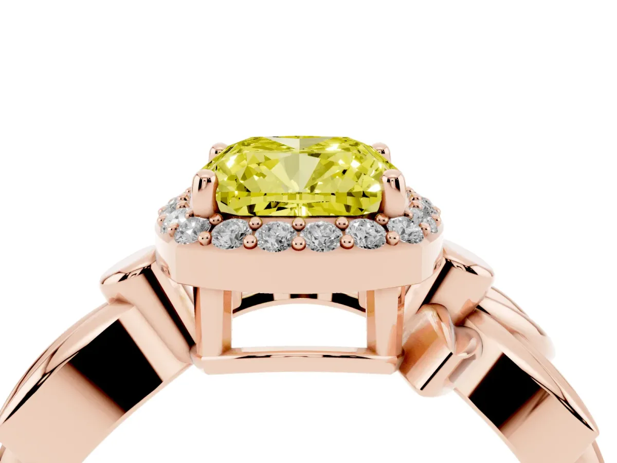Fancy Yellow Cushion Cut Halo Diamond Floral Band with Four-Prong Setting Rose gold