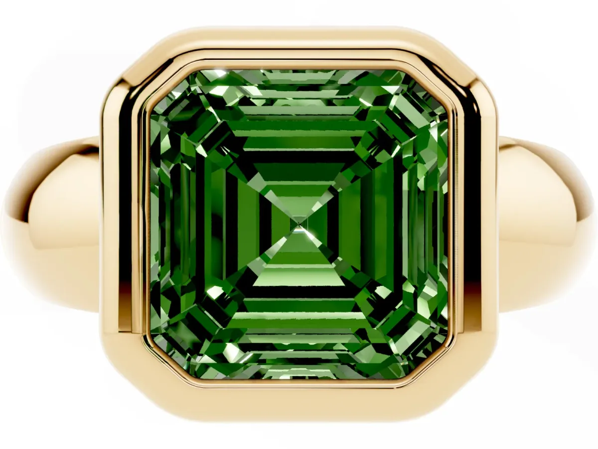 Fancy Green Bezel Set Asscher Cut Solitaire Ring with Wide Band Yellow gold