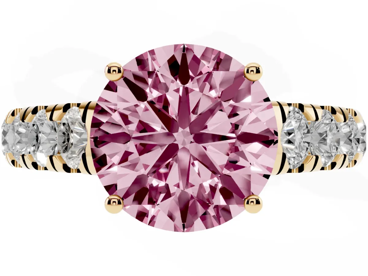Fancy Pink Round Cut Cut Diamond Solitaire Ring with Micro Pave Band and Prong Setting Yellow gold