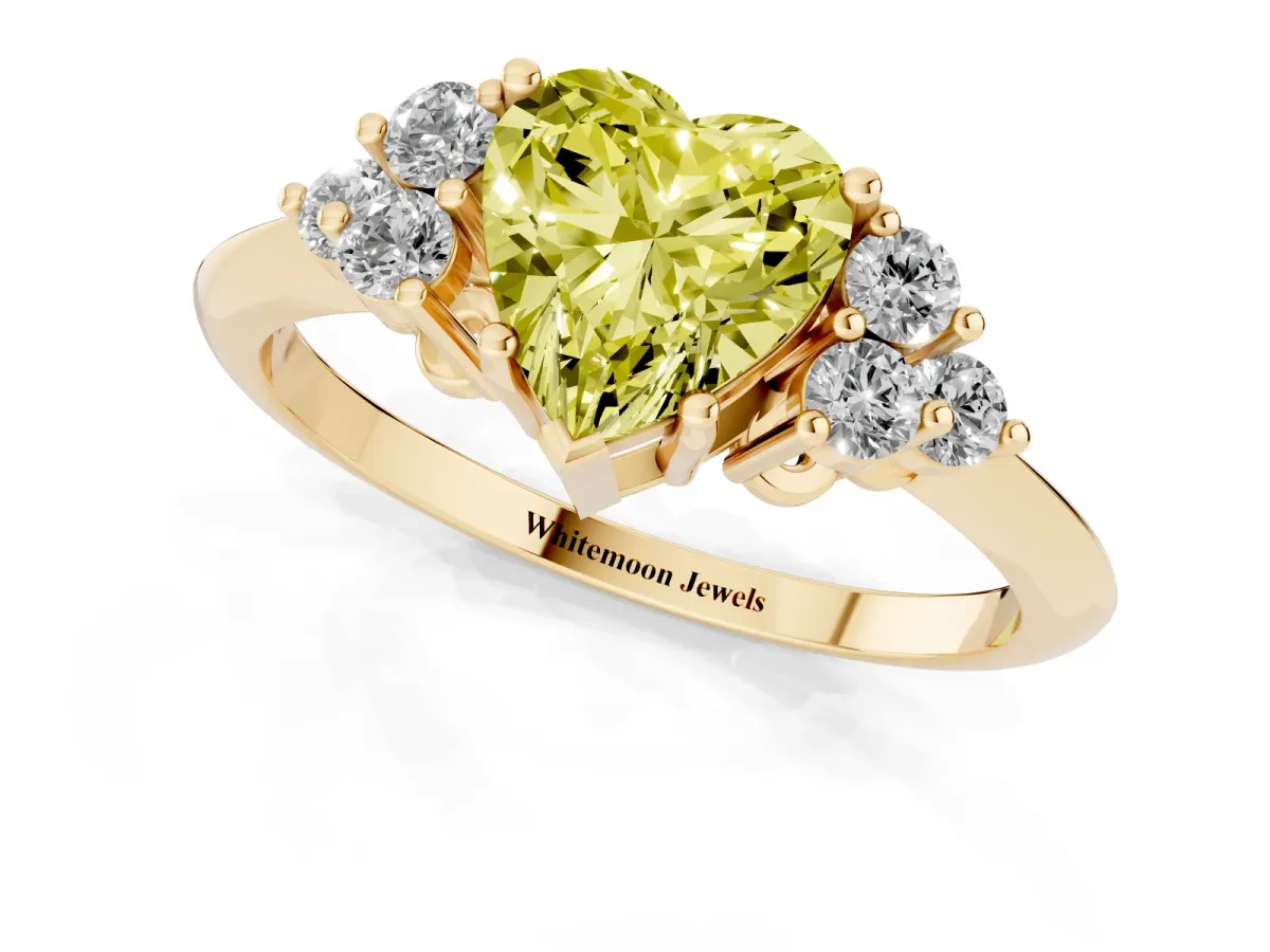 Fancy Yellow Heart Cut Cut Diamond Cluster Ring with Solitaire Band and Four-Prong Setting Yellow gold