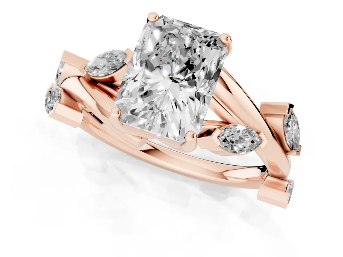 Radiant Cut Solitaire Twisted Band Marquise Accent Prong Setting Ring Rose gold