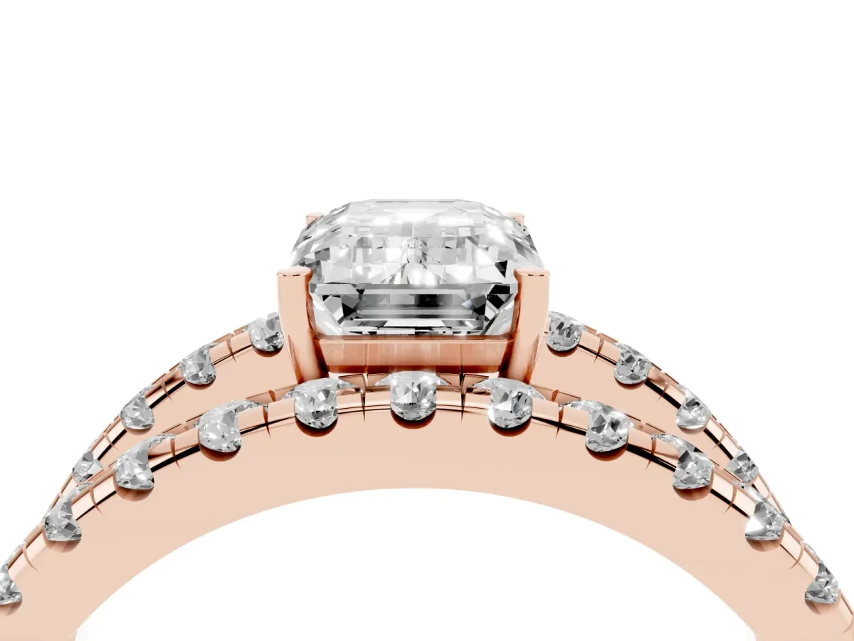 Emerald Cut Solitaire Split Shank Pave Diamond Ring Rose gold