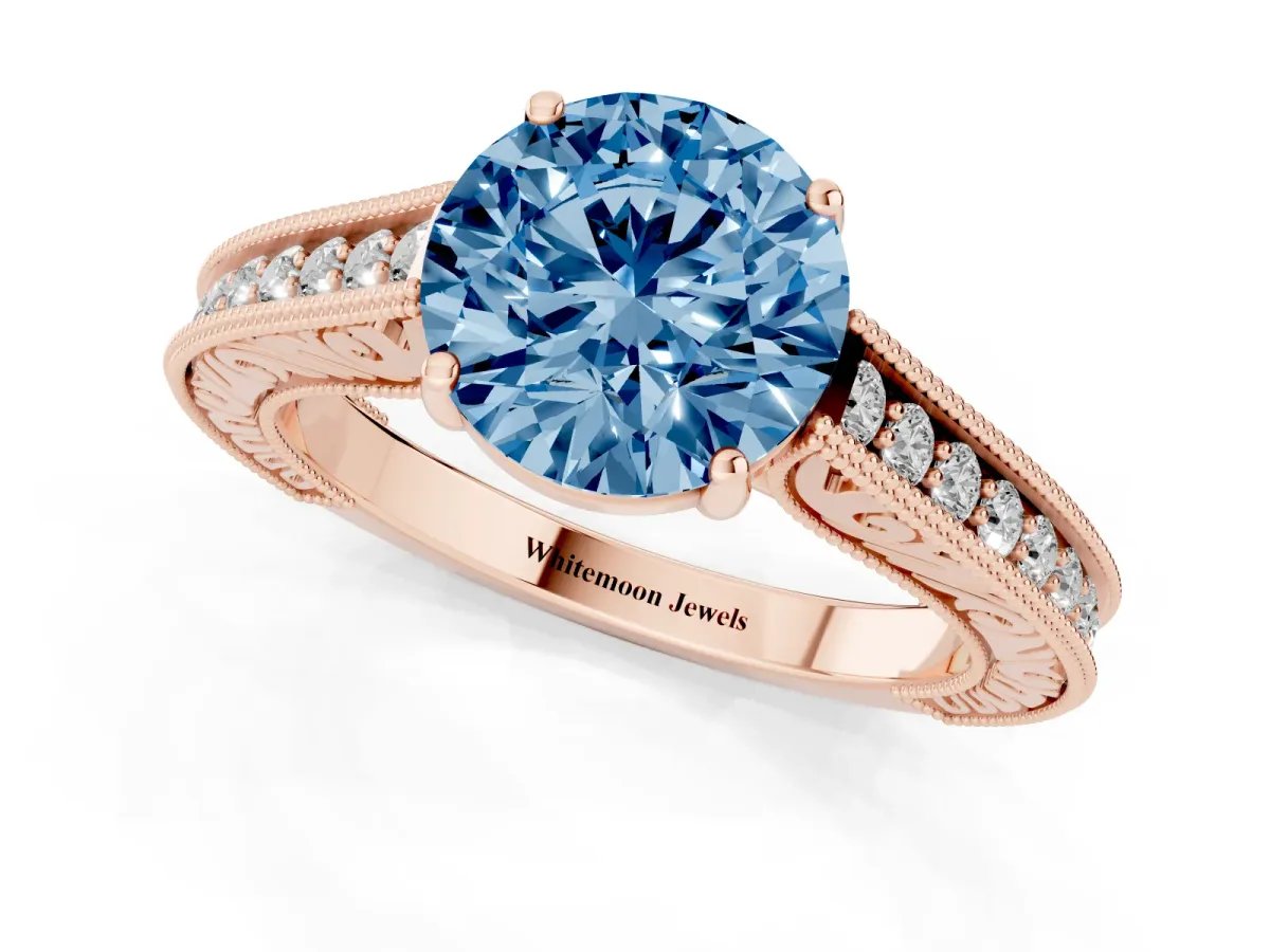 Fancy Blue Round Cut Cut Pave Band Milgrain Solitaire Ring Rose gold
