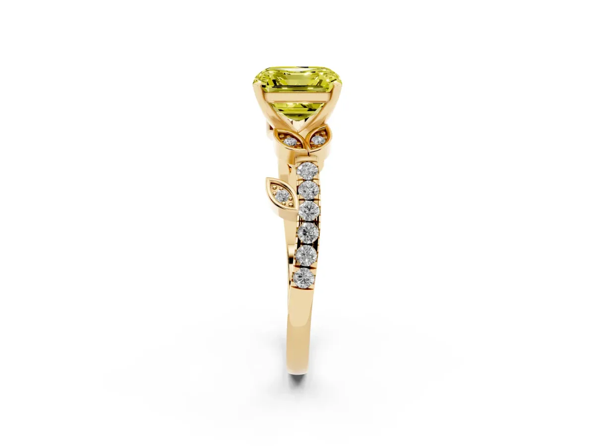 Fancy Yellow Asscher Cut Solitaire Leaf-Inspired Diamond Ring with Pavé Band and Four-Prong Setting Yellow gold