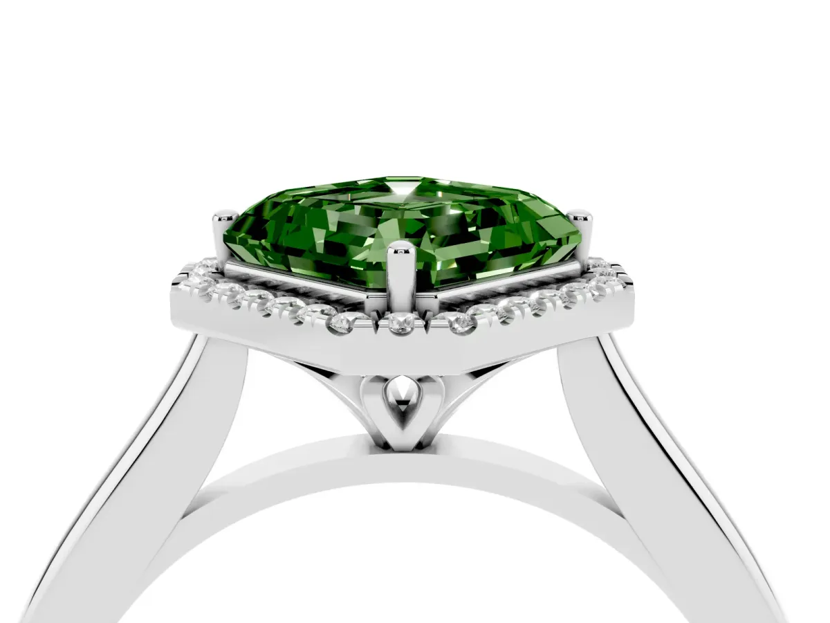 Fancy Green Asscher Cut Halo Round Diamond Solitaire Engagement Ring with Pave Band and Four-Prong Setting White gold