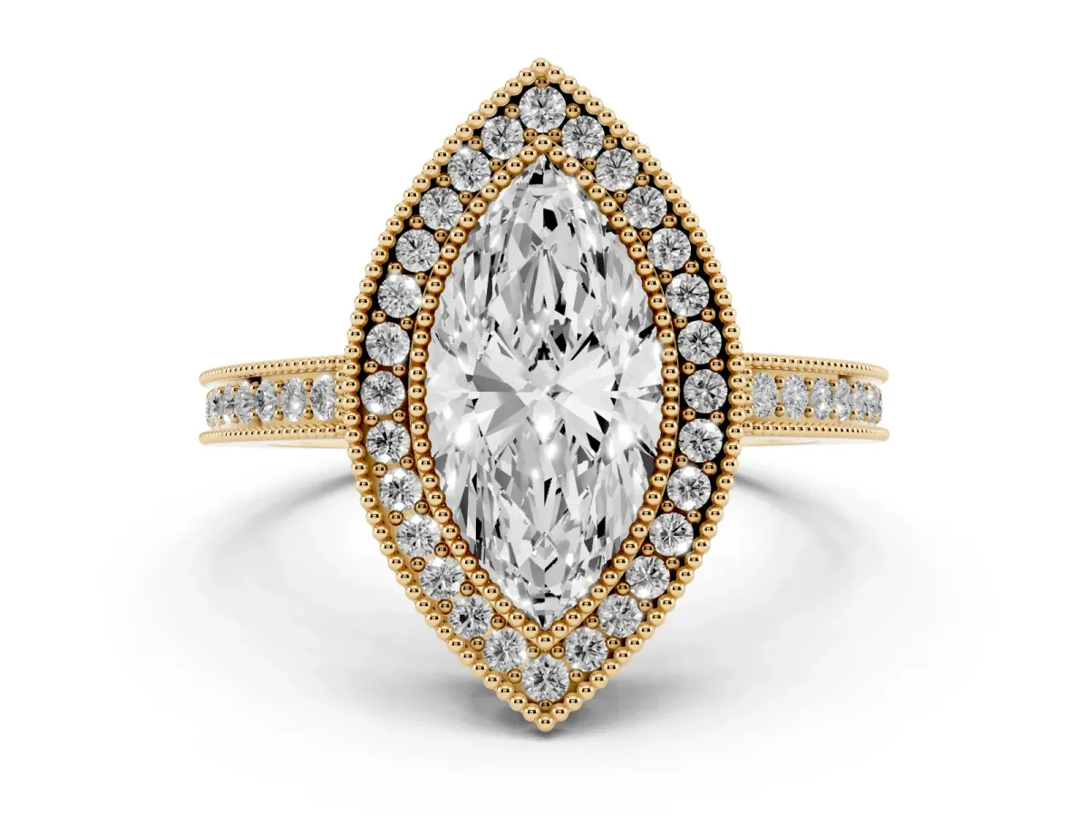 Marquise Cut Cut Halo Diamond Ring with Pavé Band and Milgrain Prong Setting Yellow gold