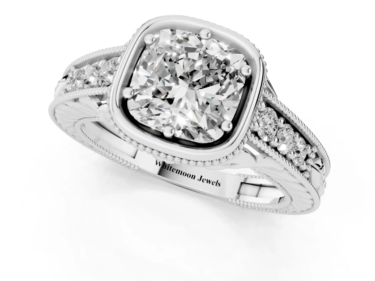 Bezel Set Cushion Cut Diamond Milgrain Pave Engagement Ring White gold